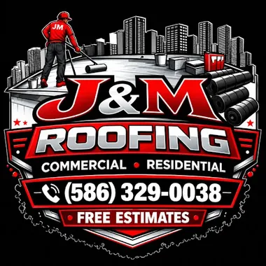 J&M Roofing logo: Commercial · Residential · (586) 329-0038 · Free estimates