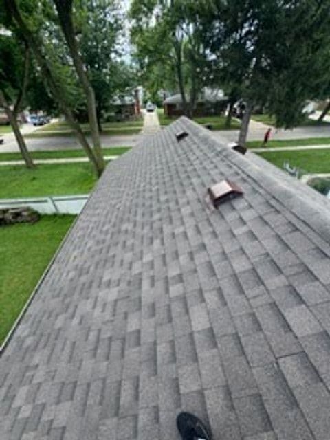 Gray shingle roof with box vents along the ridge above a tree-lined street